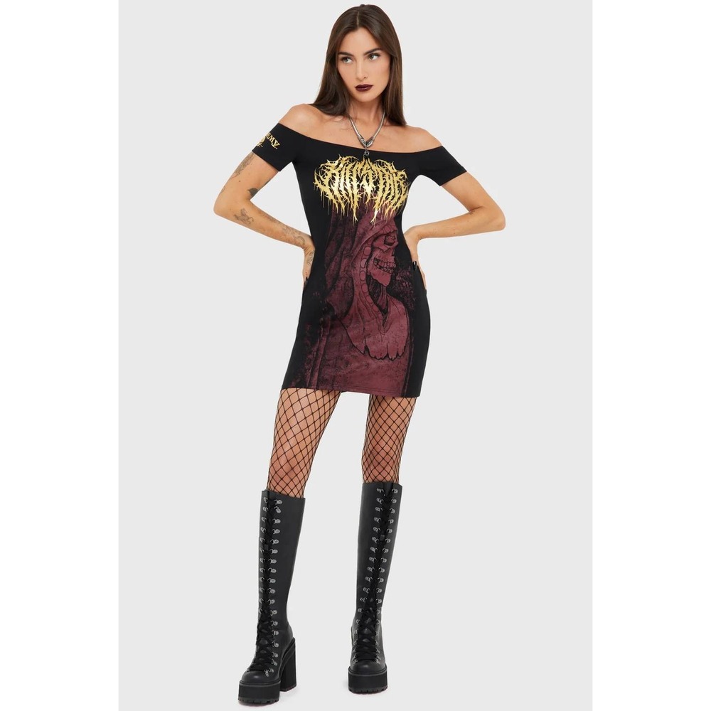 Killstar Arcane Rituals Mini Dress XS Black Gothic Skeleton Off Shoulder Bodycon